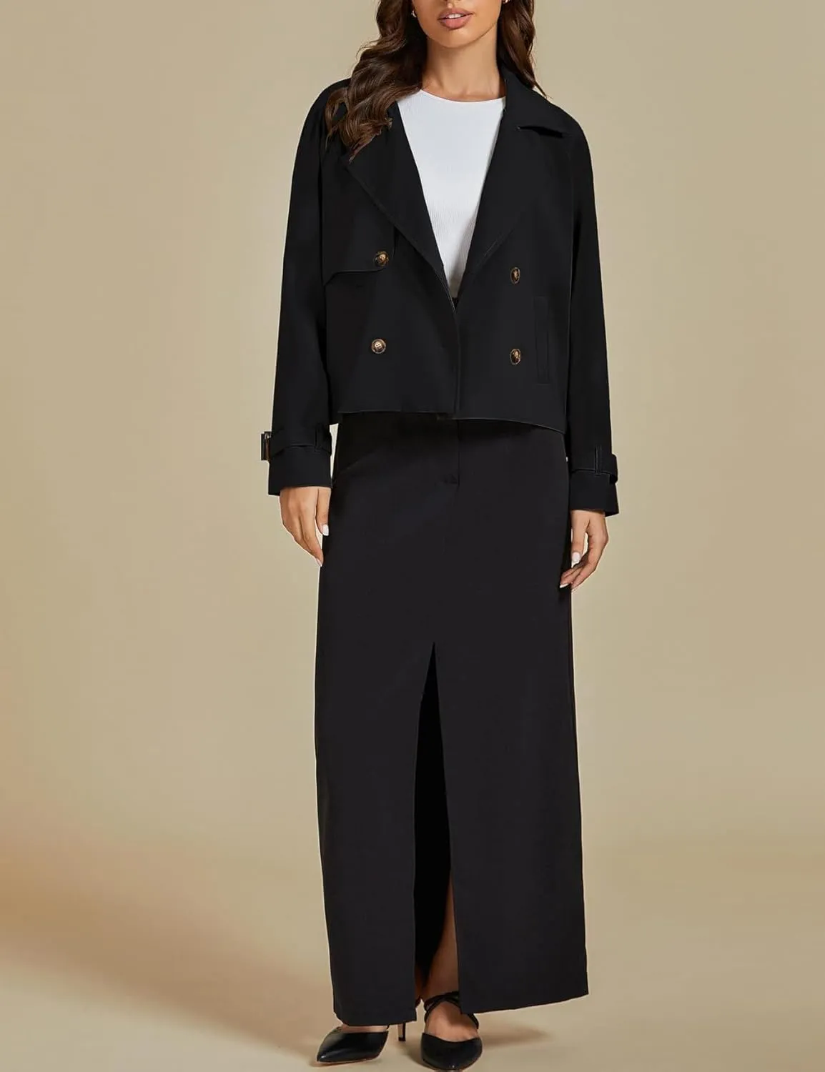 IDEALSANXUN Cropped Trench Coat for Women Fall Winter Trendy Lightweight Short Double Breasted Jackets Coats