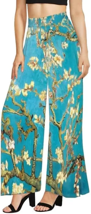 Irisjudy Women Casual High Waisted Palazzo Pants Van Gogh Art, Boho Peacock Comfy Wide Leg Pants Soft Pjs for Women Oversized
