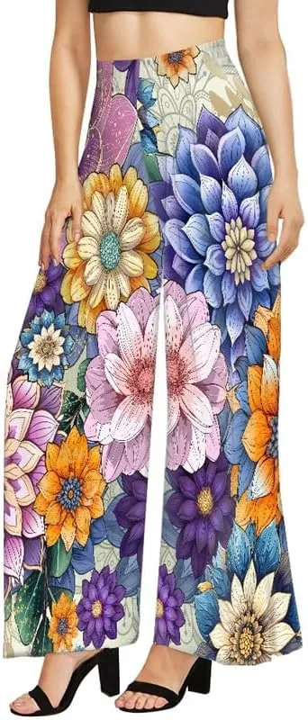 Irisjudy Women Casual High Waisted Palazzo Pants Van Gogh Art, Boho Peacock Comfy Wide Leg Pants Soft Pjs for Women Oversized