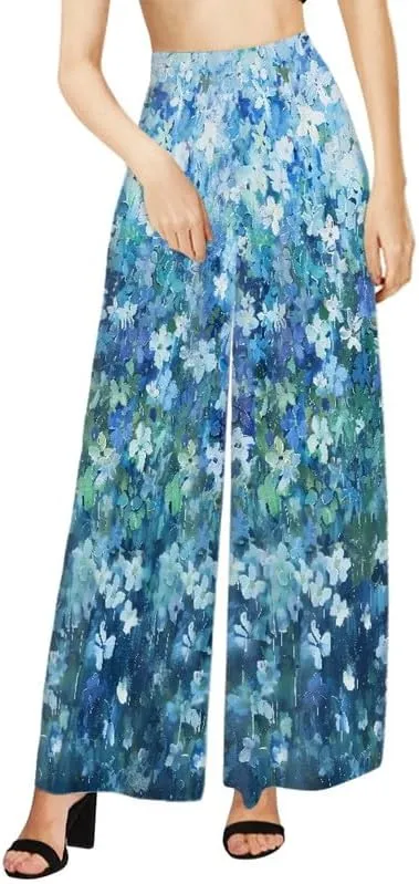 Irisjudy Women Casual High Waisted Palazzo Pants Van Gogh Art, Boho Peacock Comfy Wide Leg Pants Soft Pjs for Women Oversized