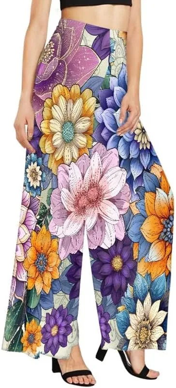 Irisjudy Women Casual High Waisted Palazzo Pants Van Gogh Art, Boho Peacock Comfy Wide Leg Pants Soft Pjs for Women Oversized