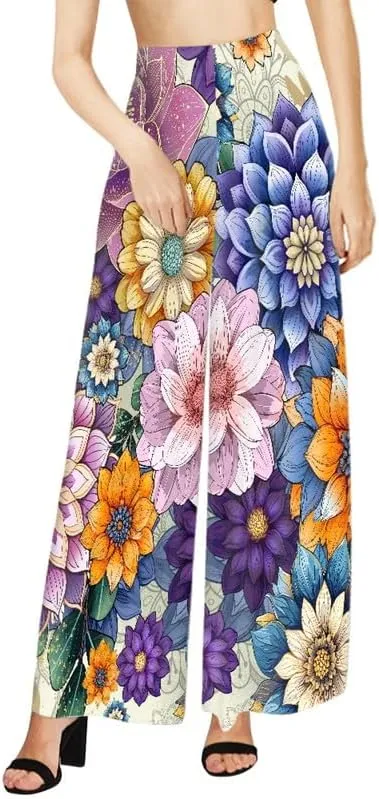 Irisjudy Women Casual High Waisted Palazzo Pants Van Gogh Art, Boho Peacock Comfy Wide Leg Pants Soft Pjs for Women Oversized