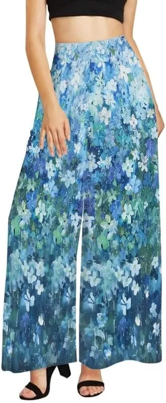 Irisjudy Women Casual High Waisted Palazzo Pants Van Gogh Art, Boho Peacock Comfy Wide Leg Pants Soft Pjs for Women Oversized