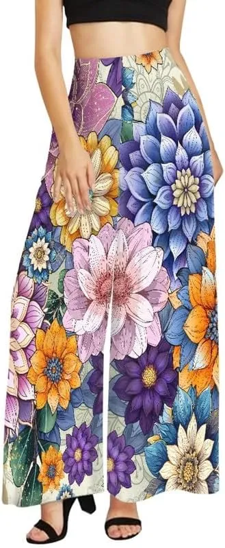 Irisjudy Women Casual High Waisted Palazzo Pants Van Gogh Art, Boho Peacock Comfy Wide Leg Pants Soft Pjs for Women Oversized