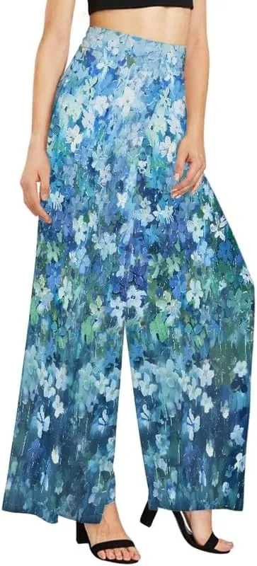 Irisjudy Women Casual High Waisted Palazzo Pants Van Gogh Art, Boho Peacock Comfy Wide Leg Pants Soft Pjs for Women Oversized
