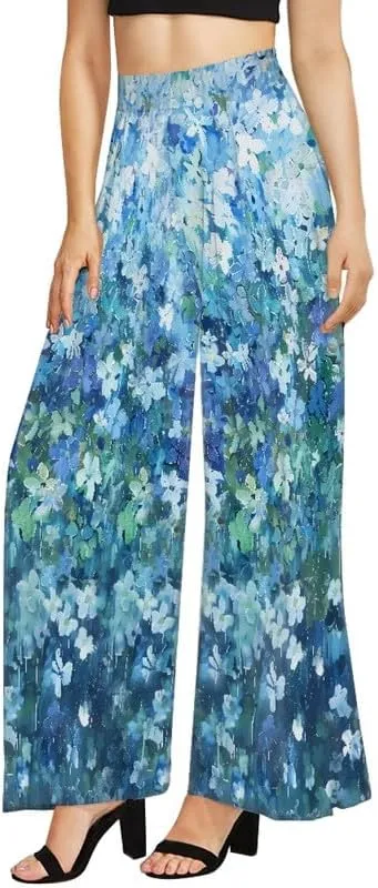 Irisjudy Women Casual High Waisted Palazzo Pants Van Gogh Art, Boho Peacock Comfy Wide Leg Pants Soft Pjs for Women Oversized