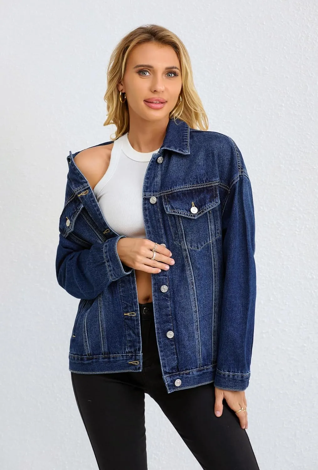 Jean Jacket for Women, Oversize Trendy Denim Jacket, Women's Loose Long Boyfriend Jean Jackets Coat