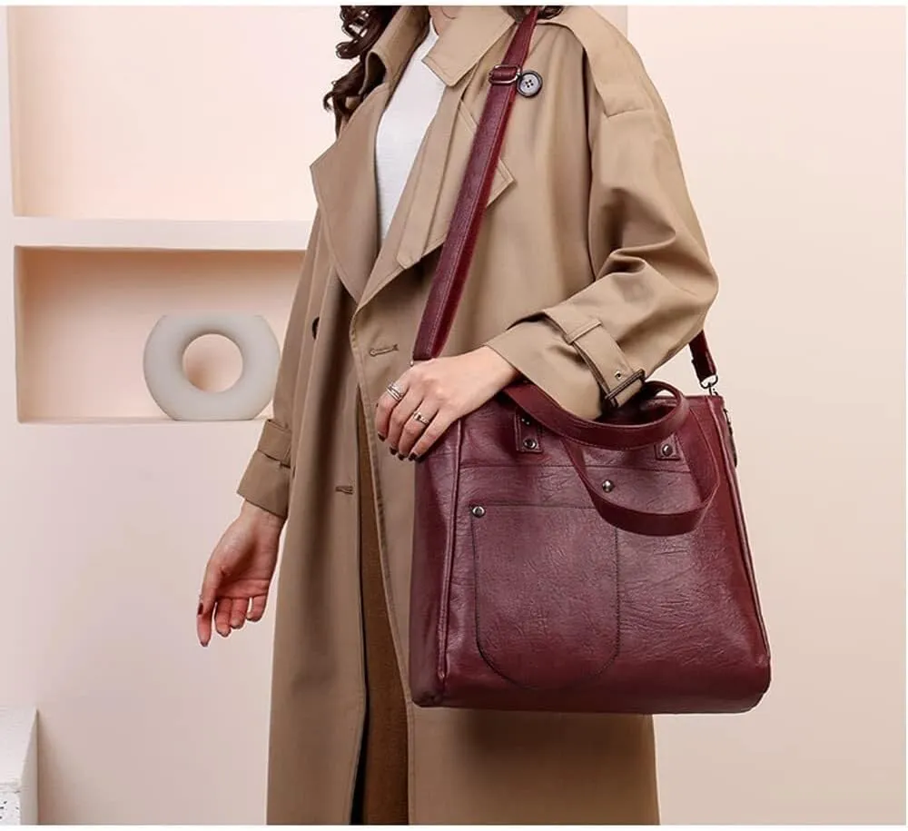 Leather Women Handbags and Purse Set Soft Shoulder Bags Medium Satchel Minimalist Ladies Tote Crossbody 2-Pcs