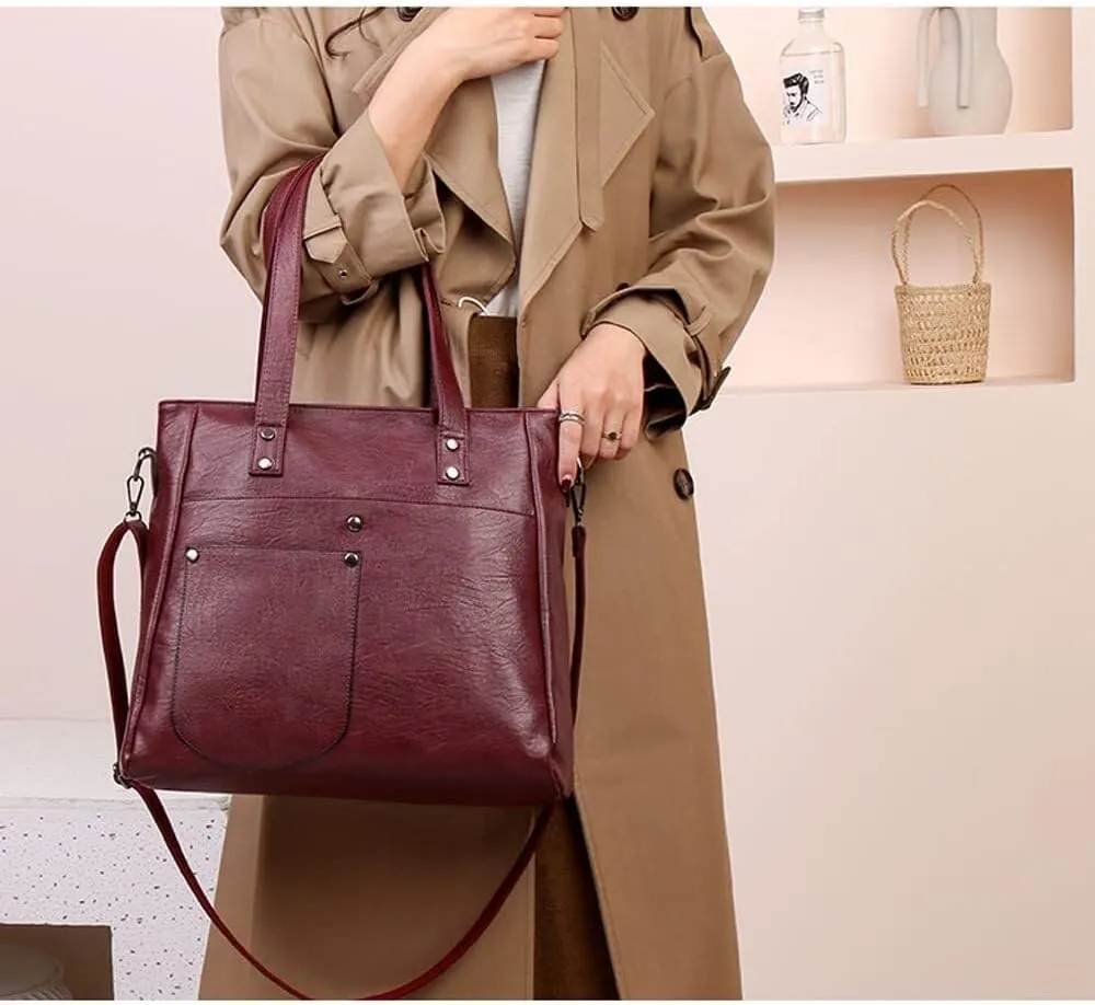 Leather Women Handbags and Purse Set Soft Shoulder Bags Medium Satchel Minimalist Ladies Tote Crossbody 2-Pcs