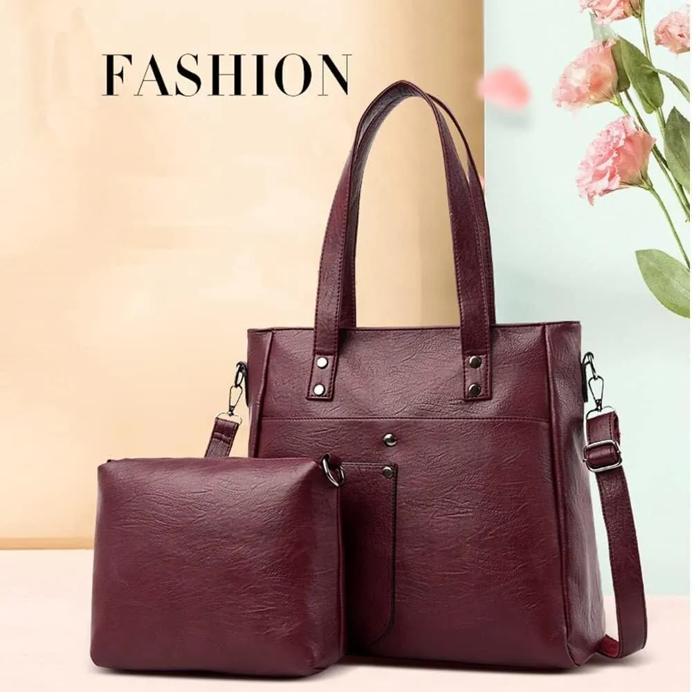 Leather Women Handbags and Purse Set Soft Shoulder Bags Medium Satchel Minimalist Ladies Tote Crossbody 2-Pcs