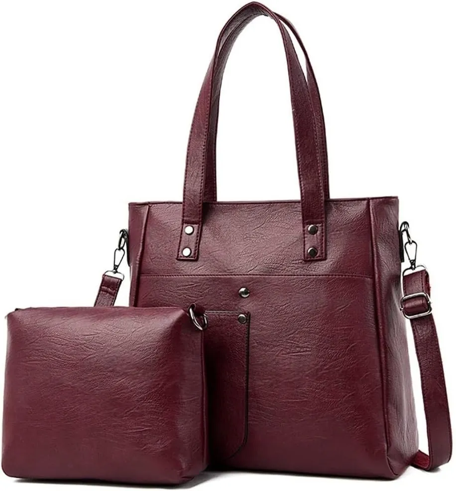 Leather Women Handbags and Purse Set Soft Shoulder Bags Medium Satchel Minimalist Ladies Tote Crossbody 2-Pcs