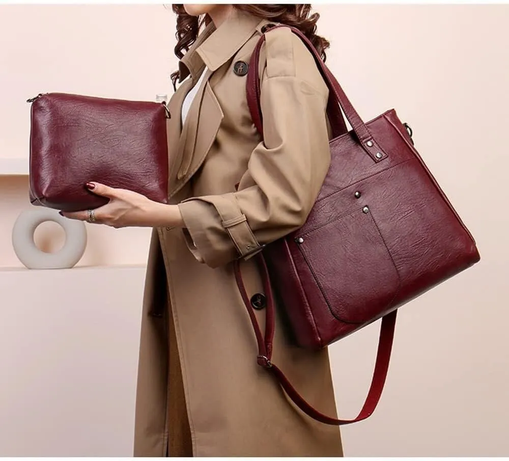 Leather Women Handbags and Purse Set Soft Shoulder Bags Medium Satchel Minimalist Ladies Tote Crossbody 2-Pcs