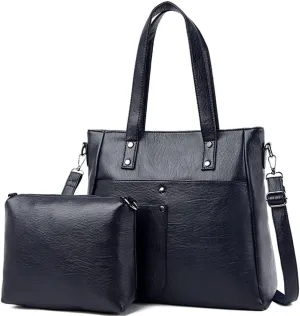 Leather Women Handbags and Purse Set Soft Shoulder Bags Medium Satchel Minimalist Ladies Tote Crossbody 2-Pcs