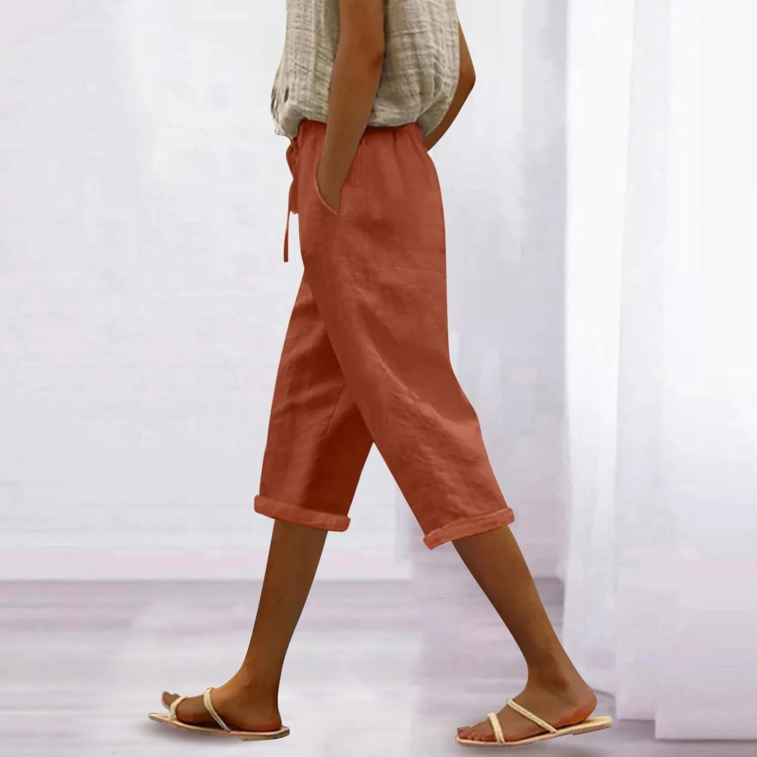 Linen Capri Pants for Women High Waisted Drawstring Trousers Comfy Soft Pant Summer Casual Beach Wear