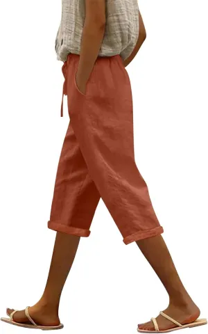 Linen Capri Pants for Women High Waisted Drawstring Trousers Comfy Soft Pant Summer Casual Beach Wear