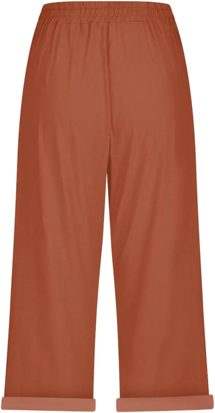 Linen Capri Pants for Women High Waisted Drawstring Trousers Comfy Soft Pant Summer Casual Beach Wear