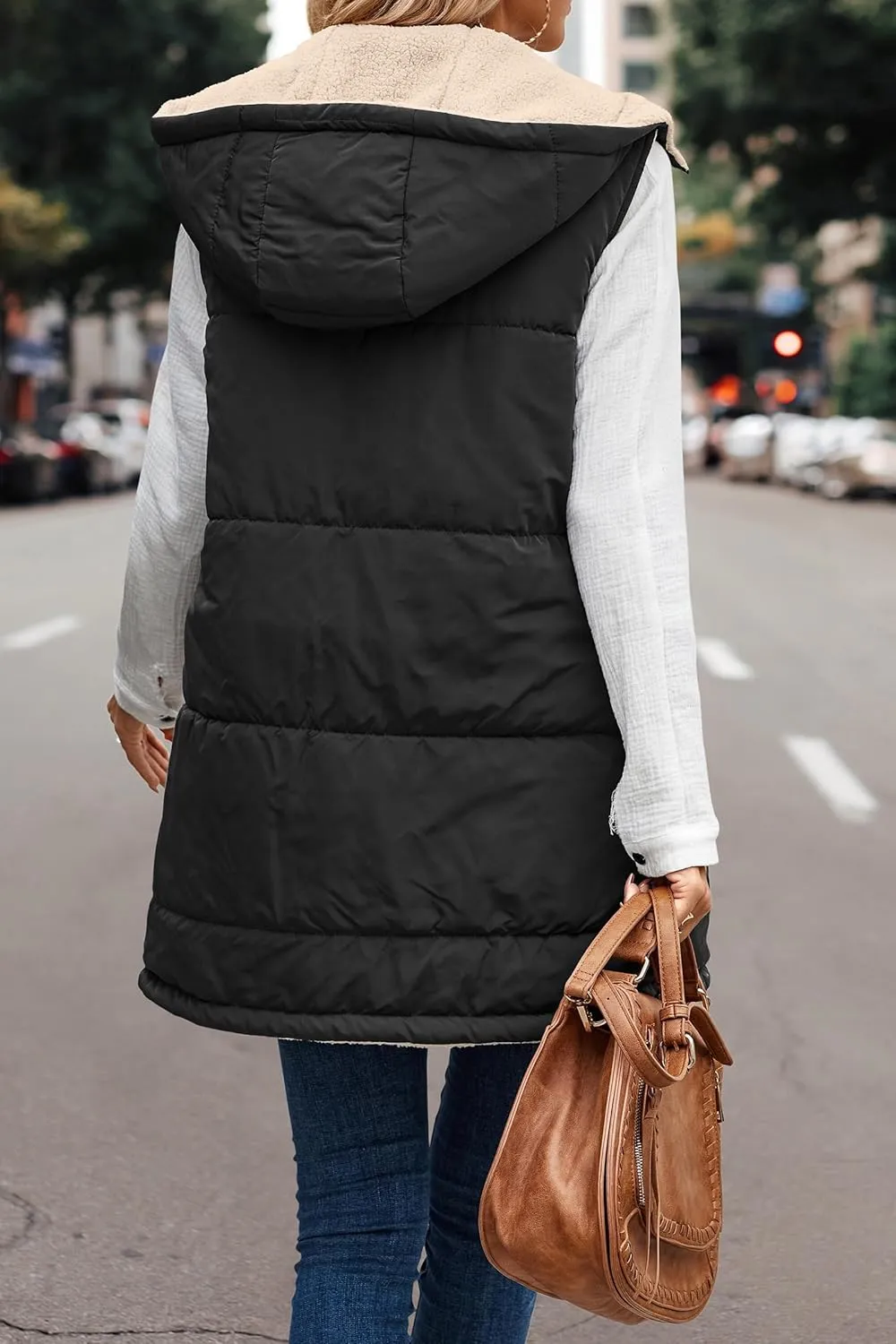 Long Puffer Jacket Womens Zip Up Hoodies Fleece Lined Puffer Vest Reversible Long Sleeve Coat Warm Winter Outwear