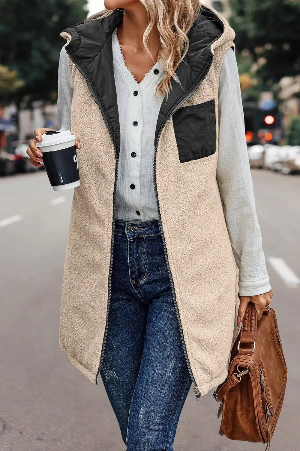 Long Puffer Jacket Womens Zip Up Hoodies Fleece Lined Puffer Vest Reversible Long Sleeve Coat Warm Winter Outwear