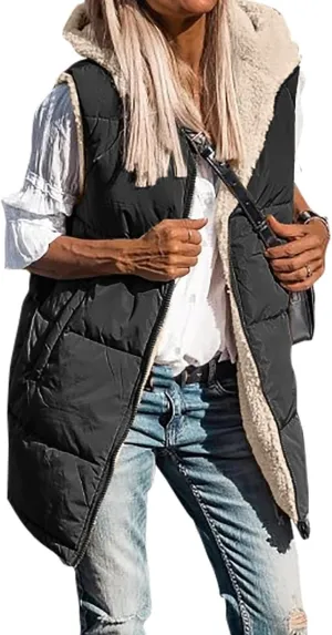 Long Puffer Jacket Womens Zip Up Hoodies Fleece Lined Puffer Vest Reversible Long Sleeve Coat Warm Winter Outwear