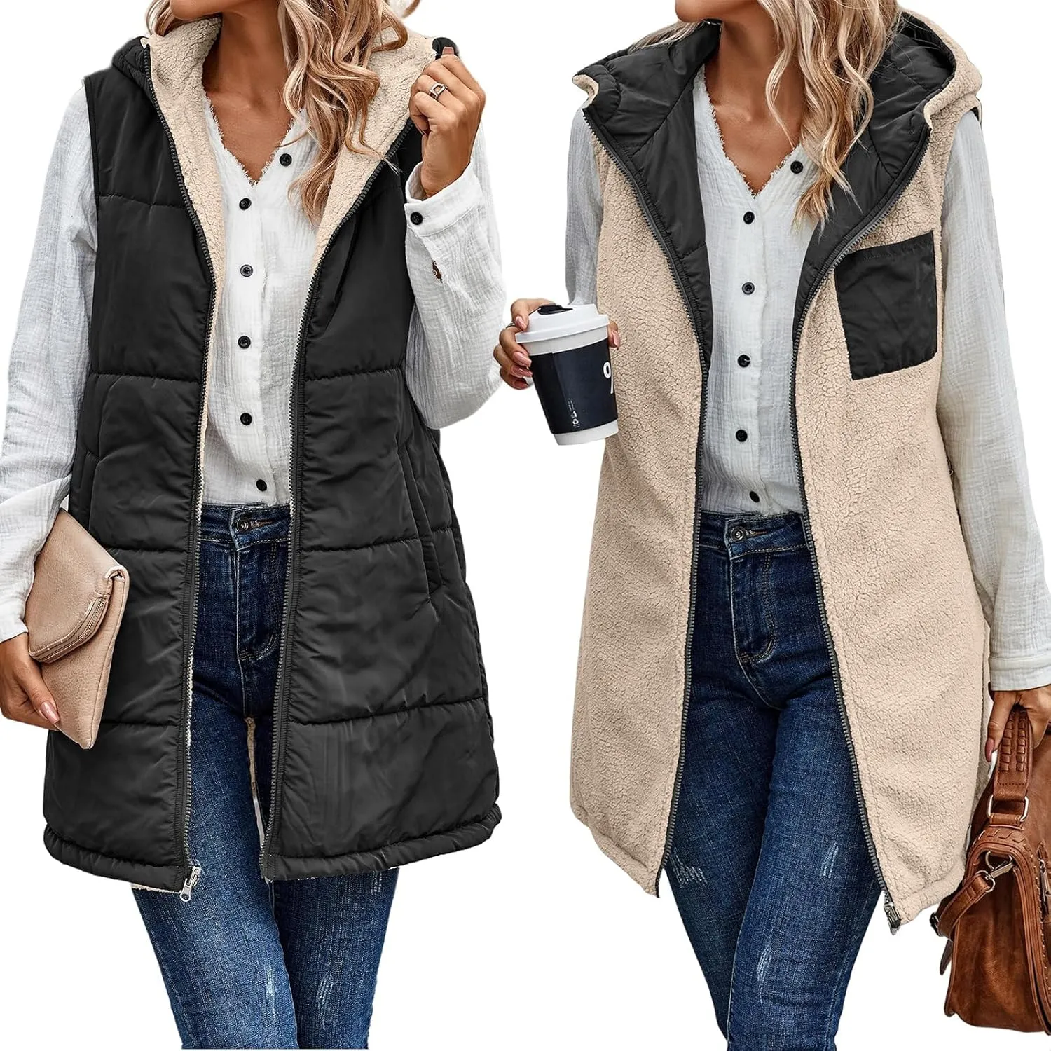 Long Puffer Jacket Womens Zip Up Hoodies Fleece Lined Puffer Vest Reversible Long Sleeve Coat Warm Winter Outwear