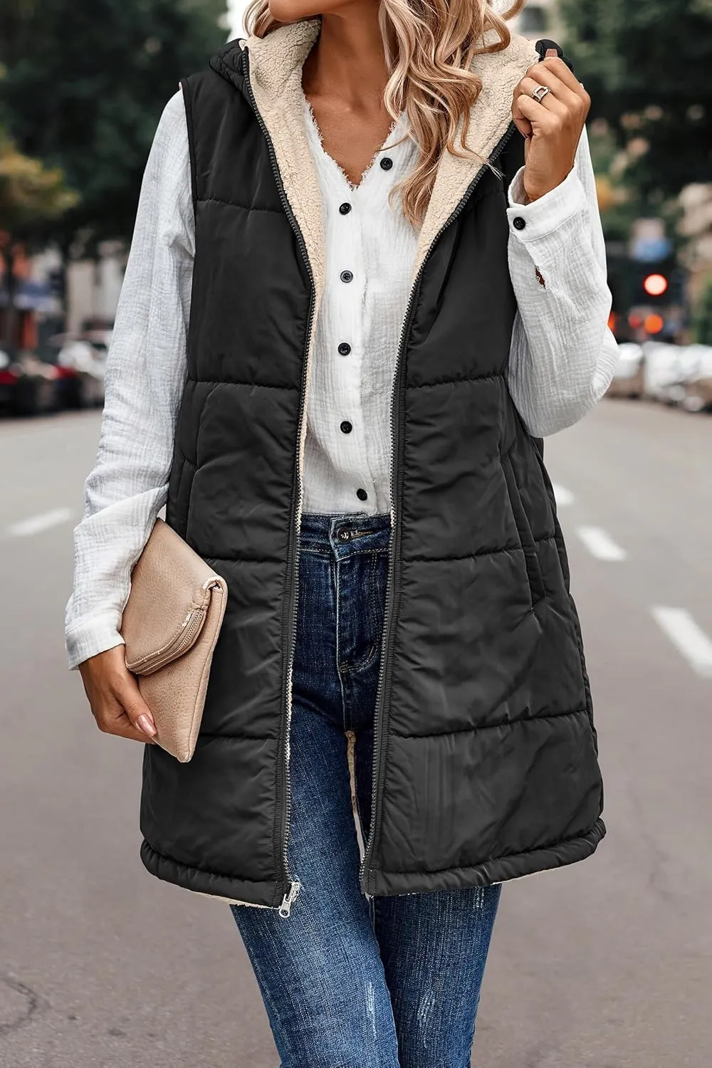 Long Puffer Jacket Womens Zip Up Hoodies Fleece Lined Puffer Vest Reversible Long Sleeve Coat Warm Winter Outwear