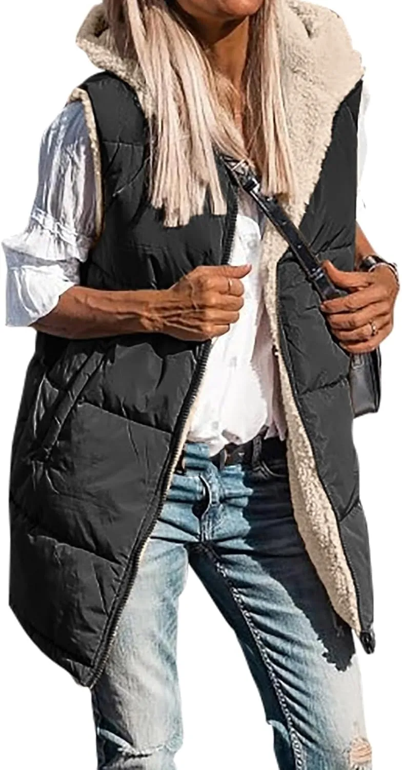 Long Puffer Jacket Womens Zip Up Hoodies Fleece Lined Puffer Vest Reversible Long Sleeve Coat Warm Winter Outwear