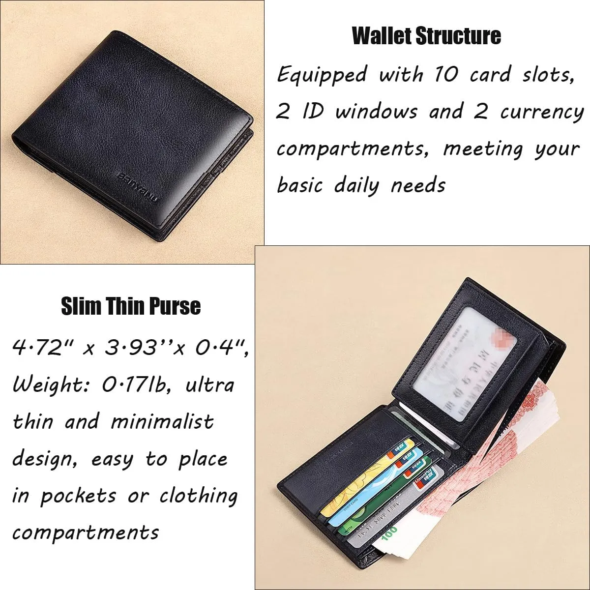 Mens Wallet Genuine Leather RFID Blocking Purse Slim Minimalist Bifold Card Holder with ID Window