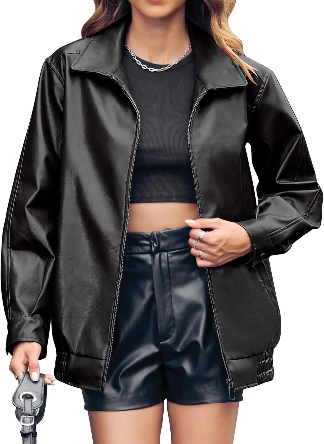Miladusa Womens Oversized Leather Jackets Faux Casual Zip Up Trendy Bomber Motorcycle Jacket with Pockets S-XL