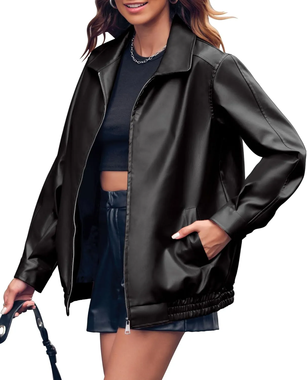 Miladusa Womens Oversized Leather Jackets Faux Casual Zip Up Trendy Bomber Motorcycle Jacket with Pockets S-XL