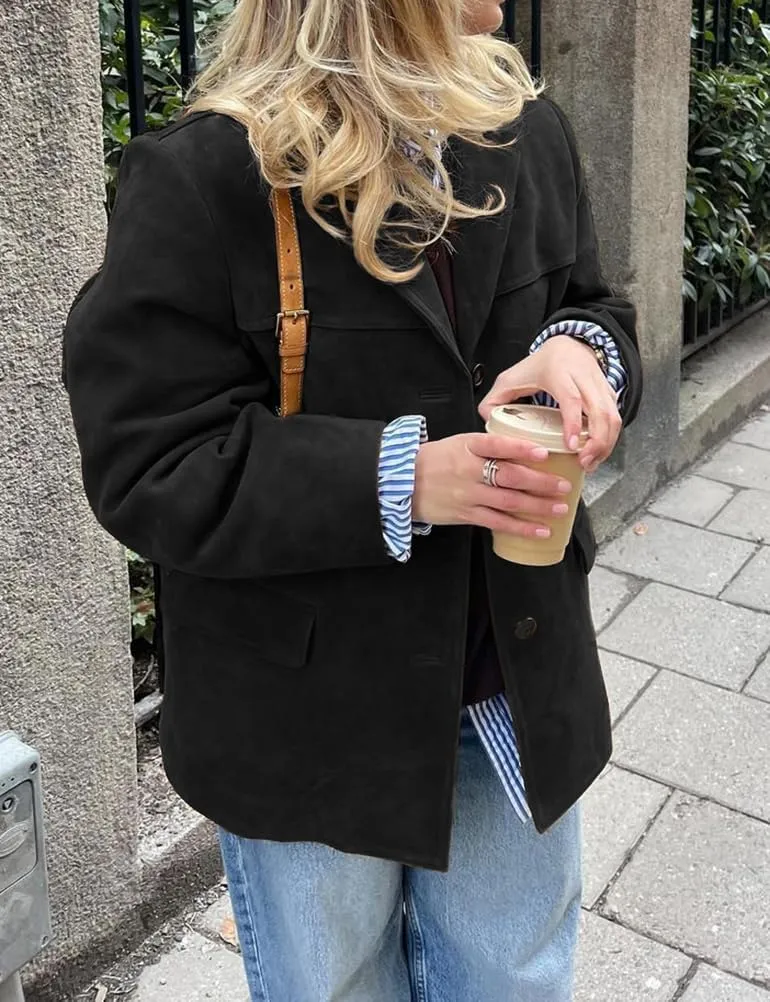 Mywinway Suede Jacket for Women 2024 Fall Winter Y2k Oversized Trendy Faux Leather Blazer Jackets Trench Coat