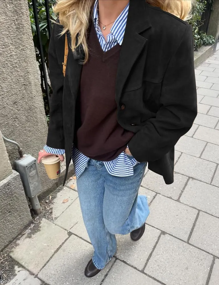 Mywinway Suede Jacket for Women 2024 Fall Winter Y2k Oversized Trendy Faux Leather Blazer Jackets Trench Coat
