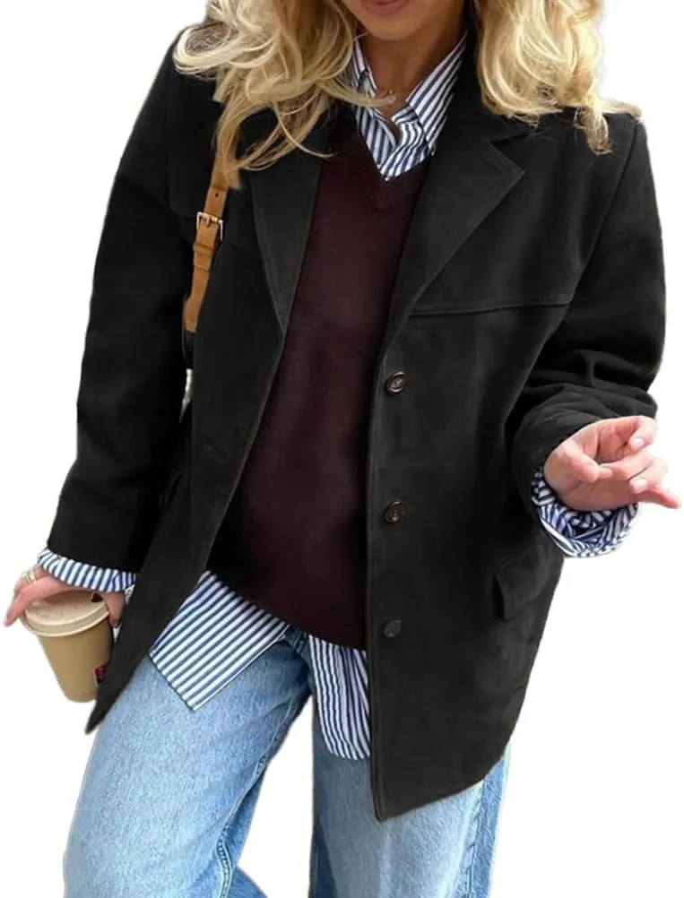 Mywinway Suede Jacket for Women 2024 Fall Winter Y2k Oversized Trendy Faux Leather Blazer Jackets Trench Coat