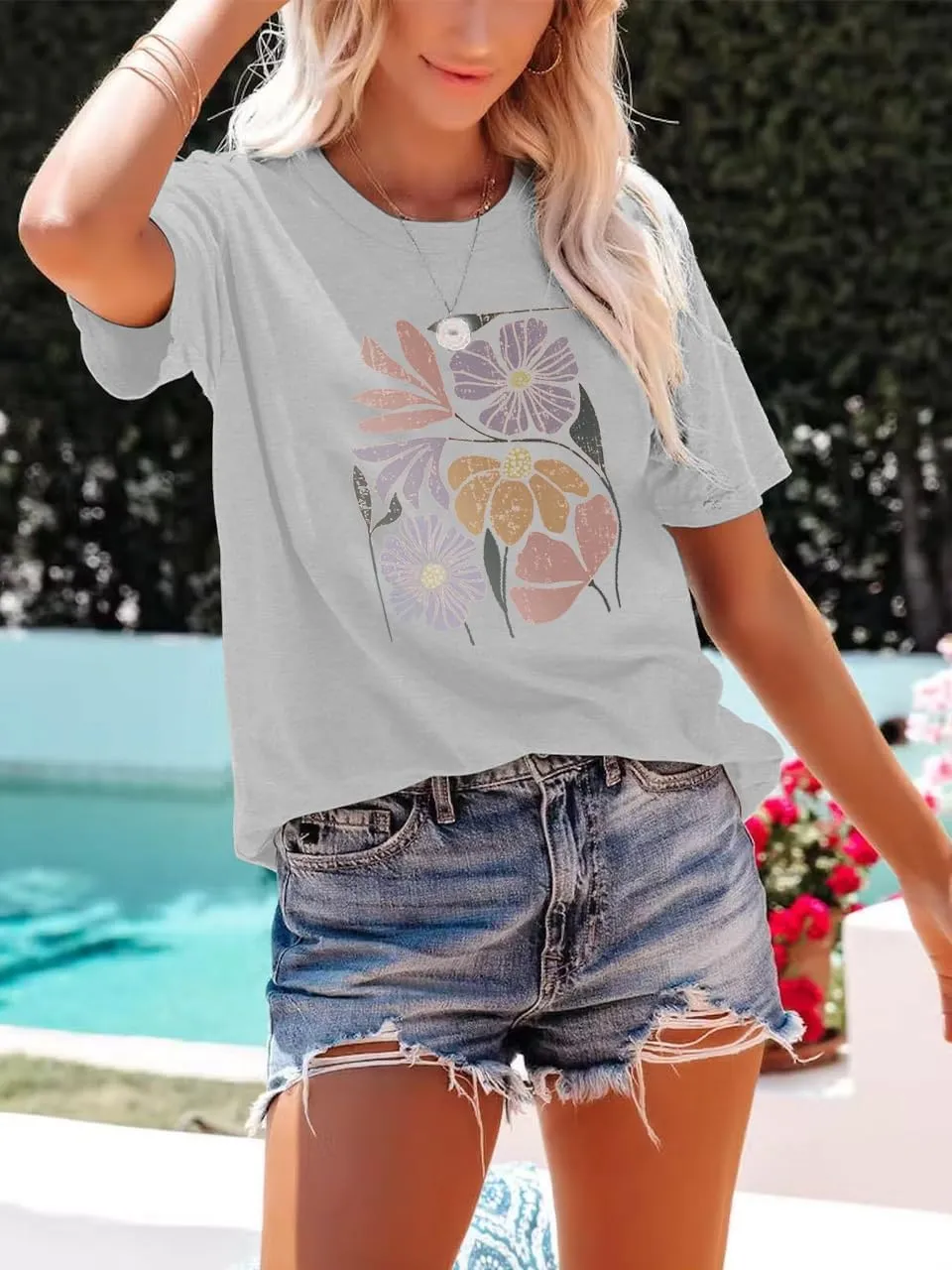 MZEAZRK Womens Summer Graphic Tee Shirts Cottage-Core Cute Boho Short Sleeve Tshirt Teen Girls