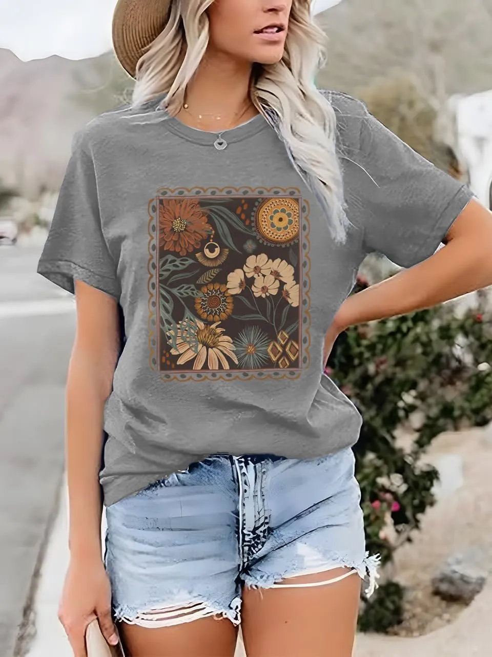 MZEAZRK Womens Summer Graphic Tee Shirts Cottage-Core Cute Boho Short Sleeve Tshirt Teen Girls