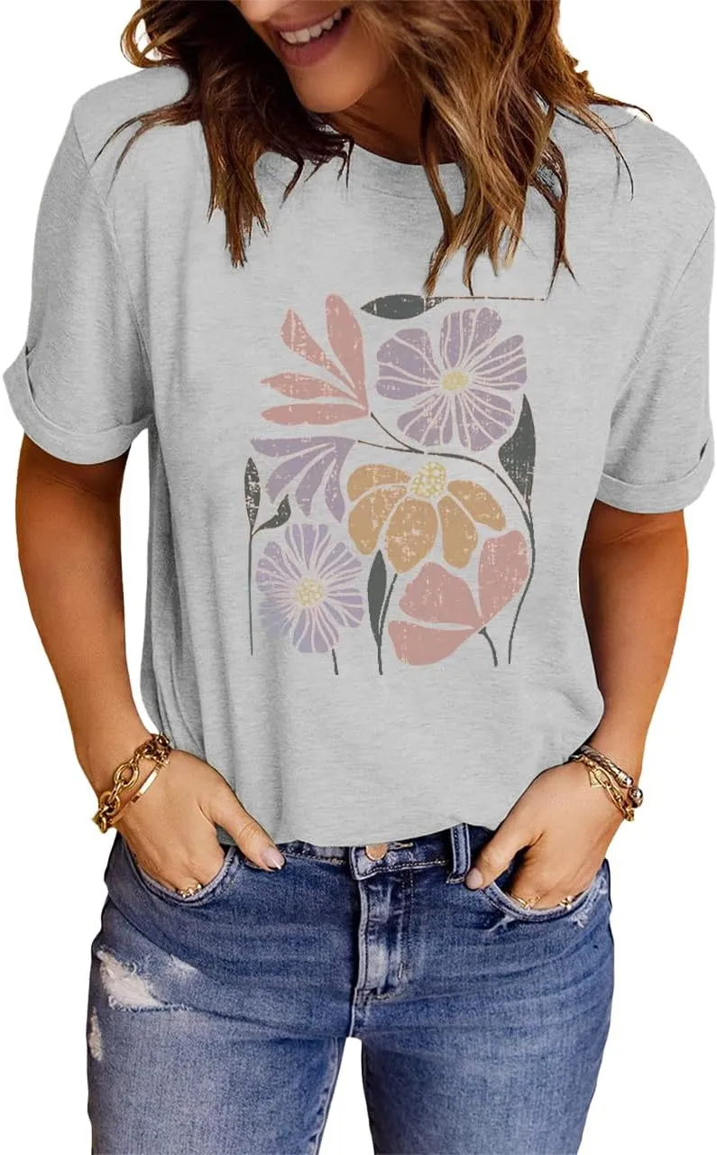 MZEAZRK Womens Summer Graphic Tee Shirts Cottage-Core Cute Boho Short Sleeve Tshirt Teen Girls