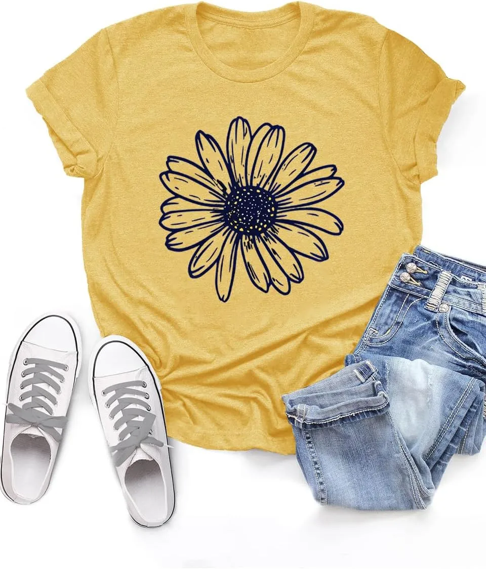 MZEAZRK Womens Summer Graphic Tee Shirts Cottage-Core Cute Boho Short Sleeve Tshirt Teen Girls