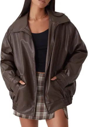 Oversized Leather Jackets for Women Fall Fashion Outfits Faux Leather Motorcycle Bomber Winter Coat Trendy