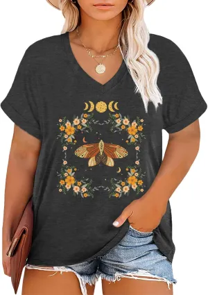 Plus Size T Shirt for Women Graphic Tees Short Sleeve Floral Print Loose Fit Summer Casual Tops 1XL-5XL