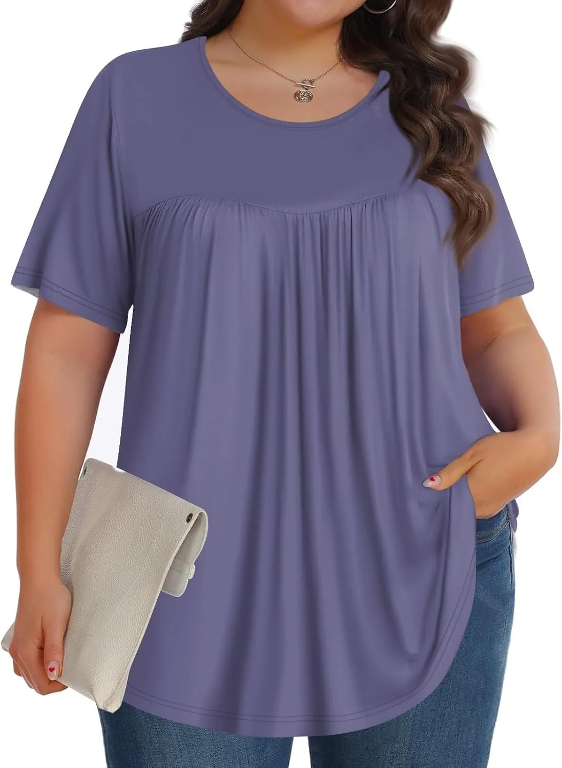 Plus Size Tops for Women Pleated Front Crewneck Short Sleeve Blouses 2024 Summer Tunic Shirts Flowy 1X-5X