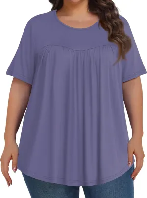 Plus Size Tops for Women Pleated Front Crewneck Short Sleeve Blouses 2024 Summer Tunic Shirts Flowy 1X-5X