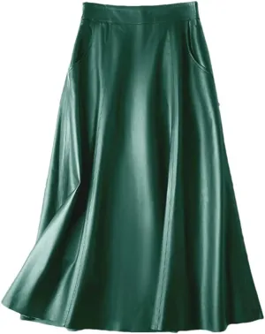 Pulcykp Women Leather A-Line Midi Skirt High Waist Umbrella Skirt Solid Pockets Big Hem Skirt