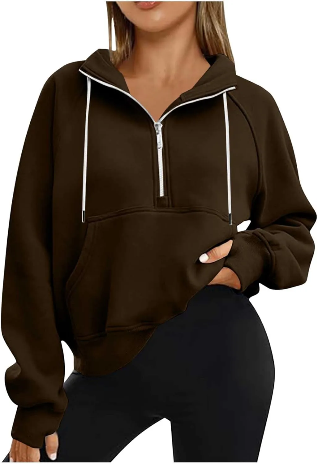 SEAOPEN Half Zip Sweatshirts Women Cropped Hoodies Long Sleeve Drawstring Pullover Top Fall Fleece Jackets with Pocket