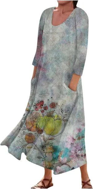 Summer Dresses for Women Women's Casual Trendy Loose Sundress Long Dress 3/4 Sleeve Maxi Dresses Summer Beach Dress with Pockets Mint Green XX-Large