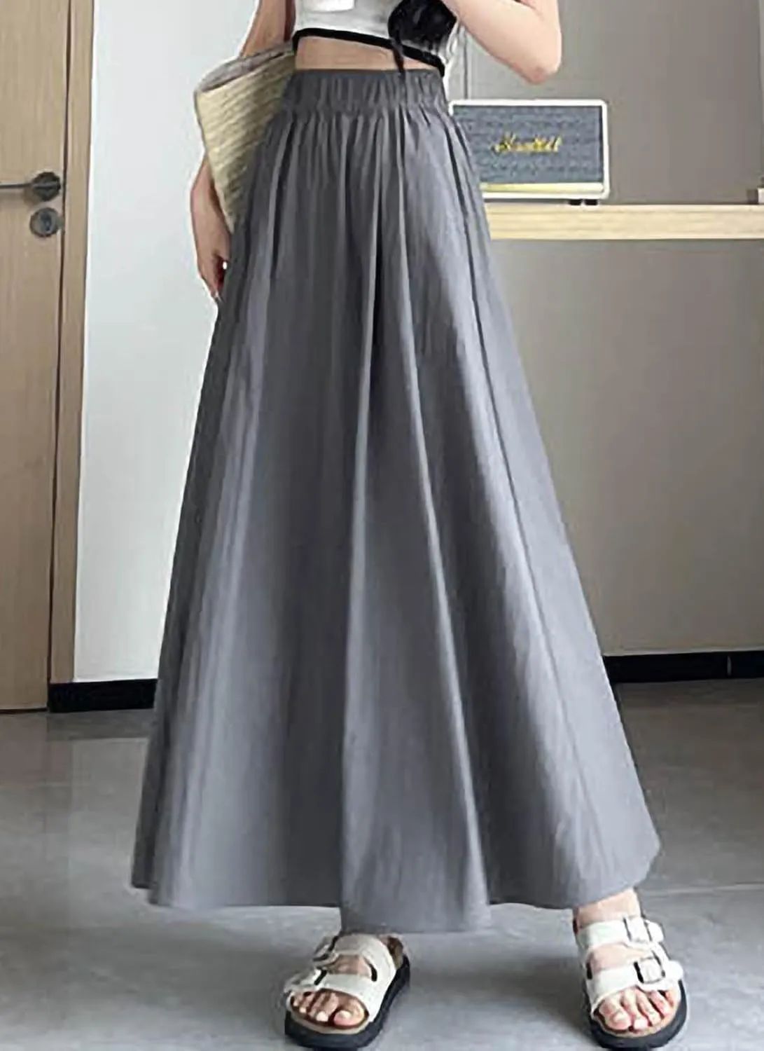 Summer Simple & Fashion Wrinkle Long Skirt for Women,Elastic High Waist Midi Skirt,Casual Maxi Skirt with Pockets
