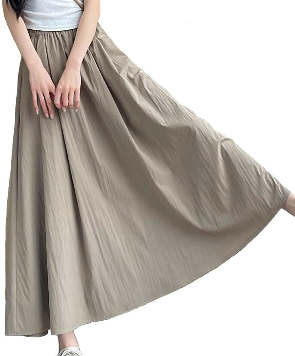 Summer Simple & Fashion Wrinkle Long Skirt for Women,Elastic High Waist Midi Skirt,Casual Maxi Skirt with Pockets