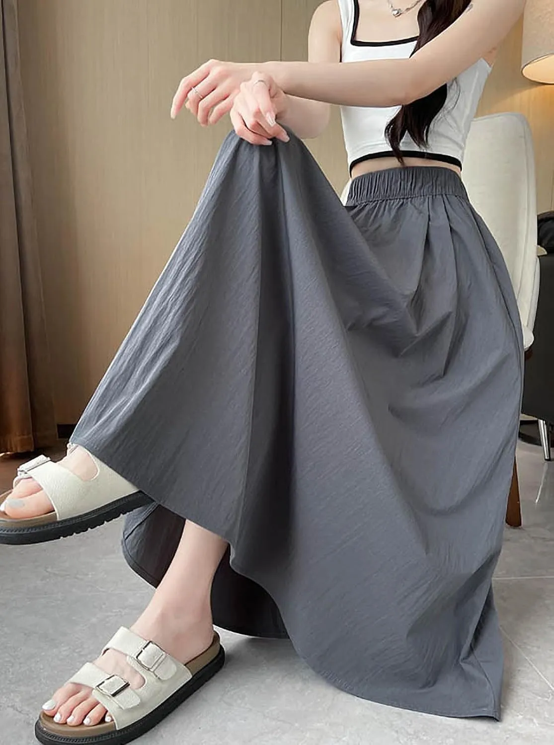 Summer Simple & Fashion Wrinkle Long Skirt for Women,Elastic High Waist Midi Skirt,Casual Maxi Skirt with Pockets