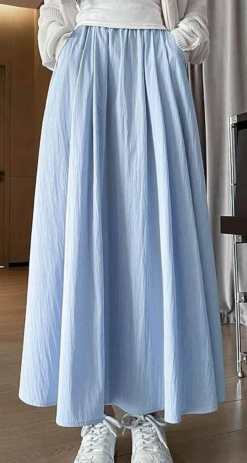 Summer Simple & Fashion Wrinkle Long Skirt for Women,Elastic High Waist Midi Skirt,Casual Maxi Skirt with Pockets