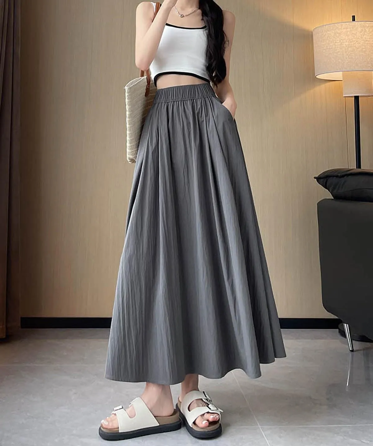 Summer Simple & Fashion Wrinkle Long Skirt for Women,Elastic High Waist Midi Skirt,Casual Maxi Skirt with Pockets