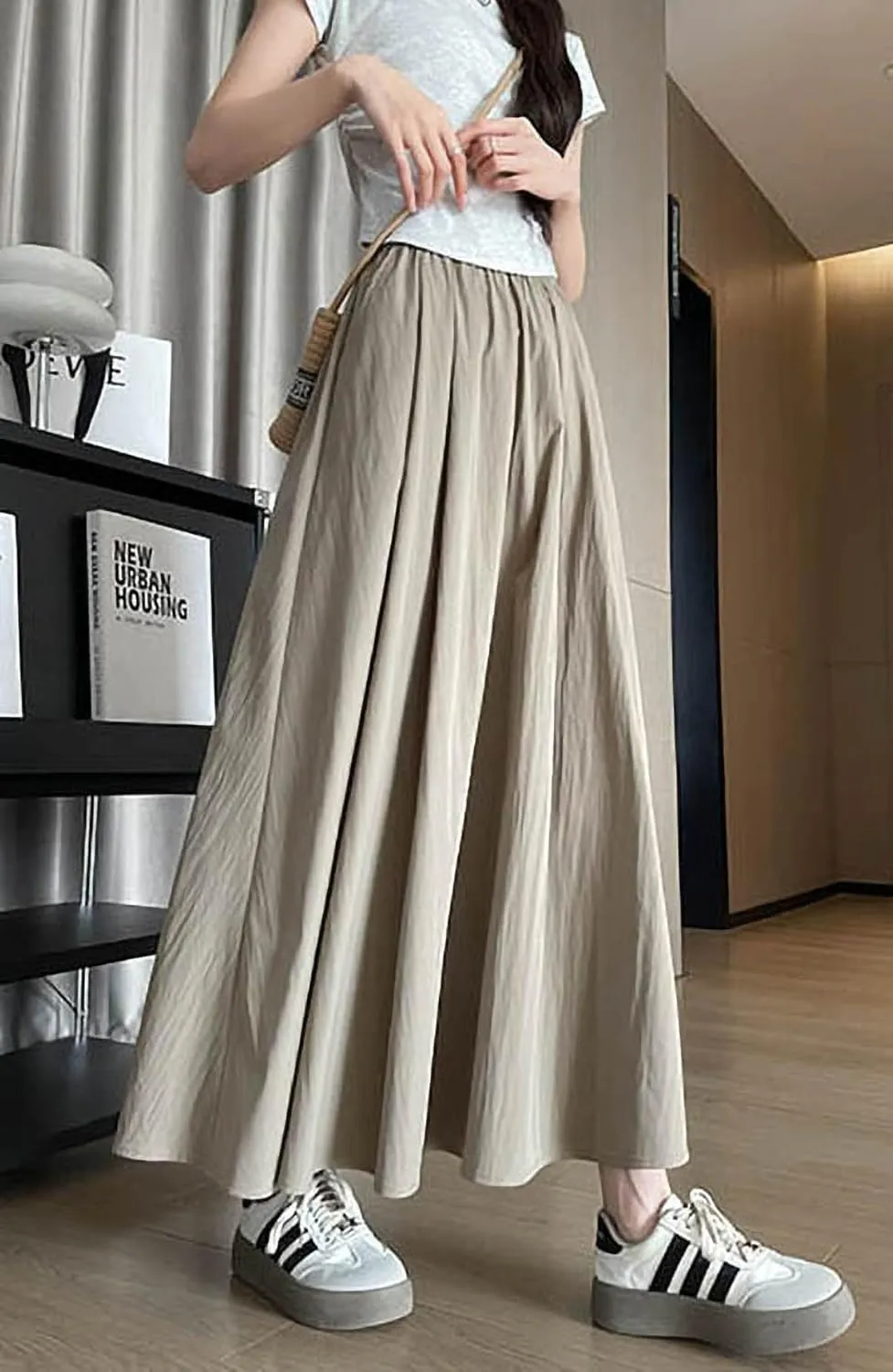 Summer Simple & Fashion Wrinkle Long Skirt for Women,Elastic High Waist Midi Skirt,Casual Maxi Skirt with Pockets