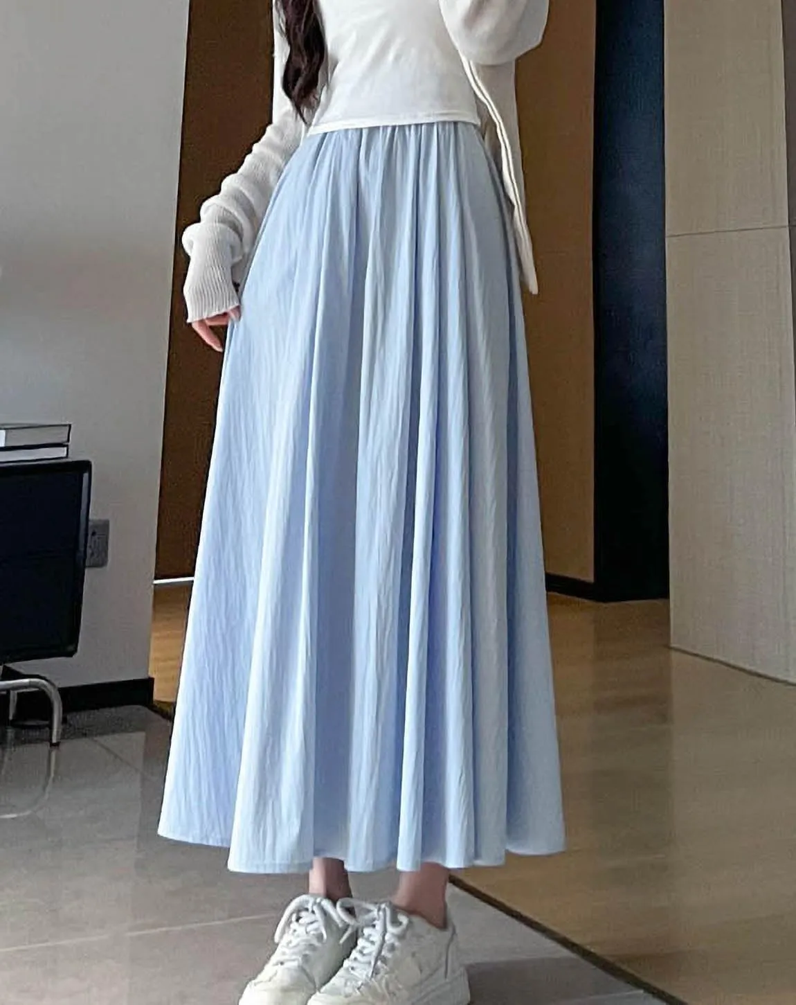 Summer Simple & Fashion Wrinkle Long Skirt for Women,Elastic High Waist Midi Skirt,Casual Maxi Skirt with Pockets
